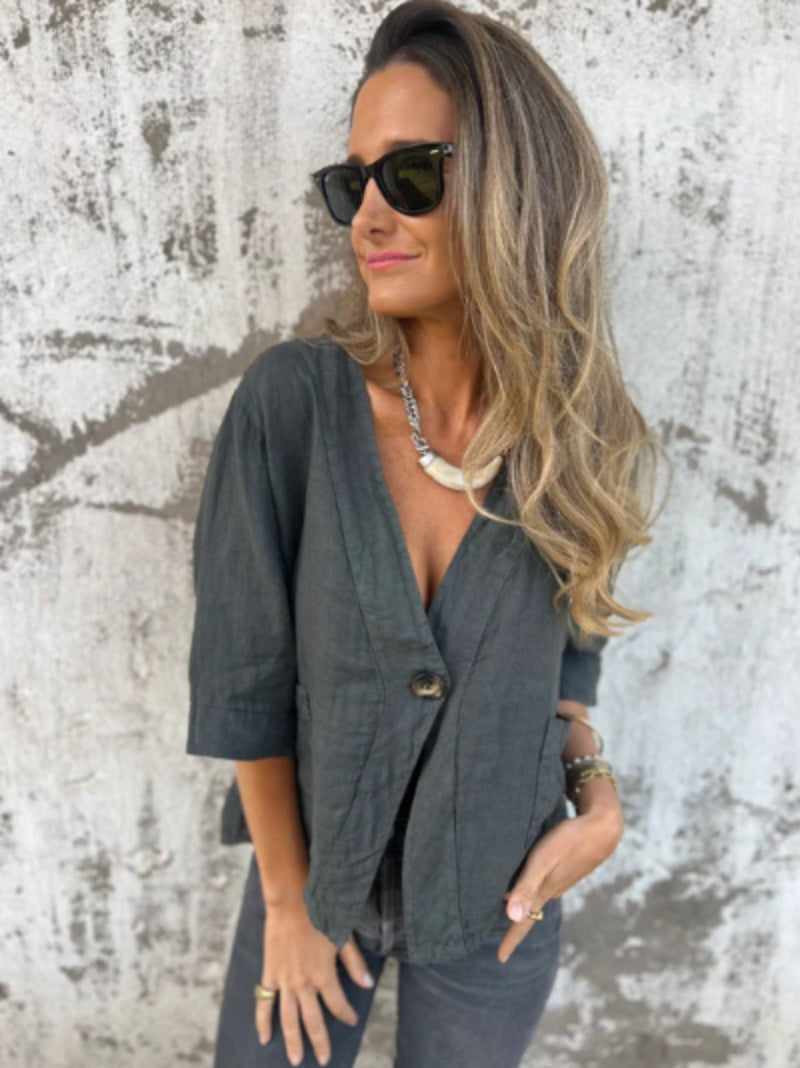 Damen Leichtes Leinenblazer mit kurzer Arm EB