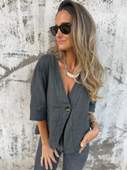Damen Leichtes Leinenblazer mit kurzer Arm EB