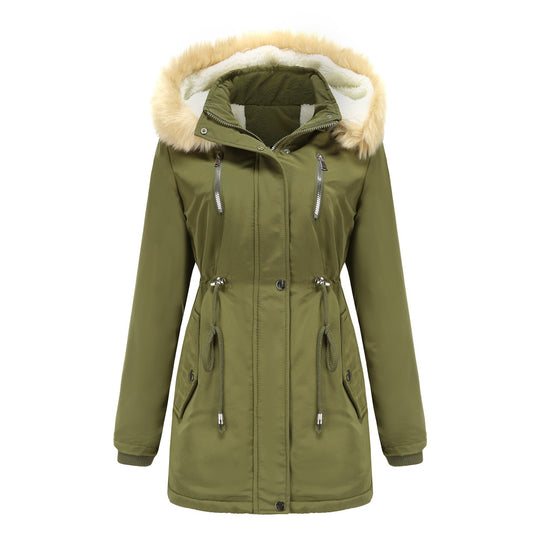 Damen modische Outdoor-Jacke mit abnehmbarem Kunstfellkragen und elastischem Taillenzug EB