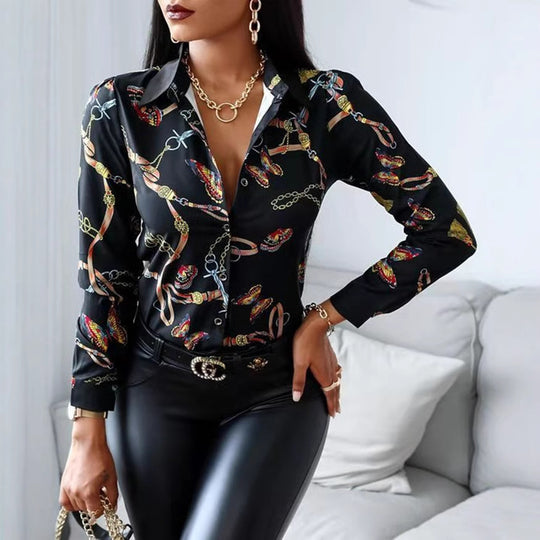 Damen Künstlerischer Druck Knopf-Up Bluse EB