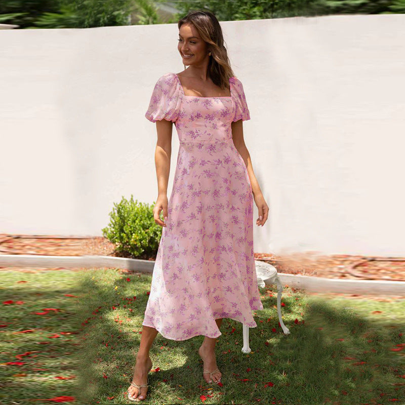 Damen Midikleid mit Puffärmeln und elegantem Blumendruck EB