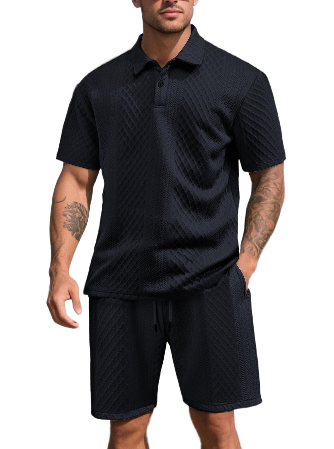 Herren nan dreidimensionales Relief-Freizeit-Set mit Polokragen, verdeckter Knopfleiste und elastischer Tunnelzugshorts EB