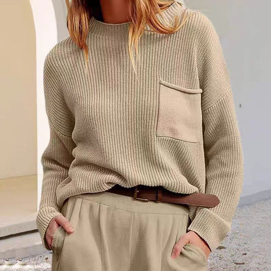 Damen Strickpullover mit glänzender Struktur und praktischer Brusttasche EB
