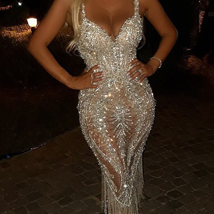 Damen glamouröses Abendkleid mit funkelnden Pailletten und fransigen Details EB