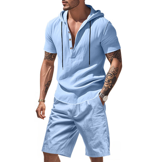Herren lässiges Kurzarmhemd mit Kapuze und Shorts EB