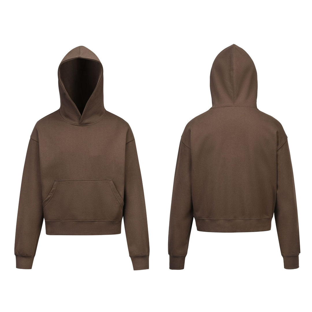 Damen nan kurzgeschnittener Boxy-Kapuzenpullover mit Kängurutasche und geripptem Komfortbund EB