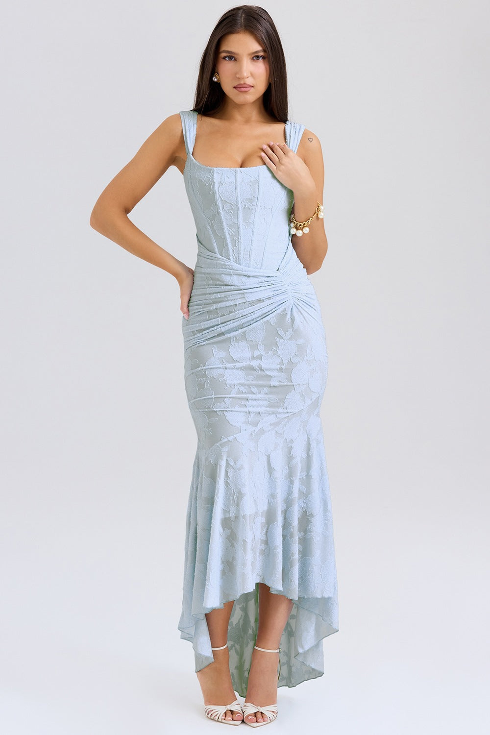 Damen Elegantes Spitzenkleid mit asymmetrischem Saum und gerafften Details EB