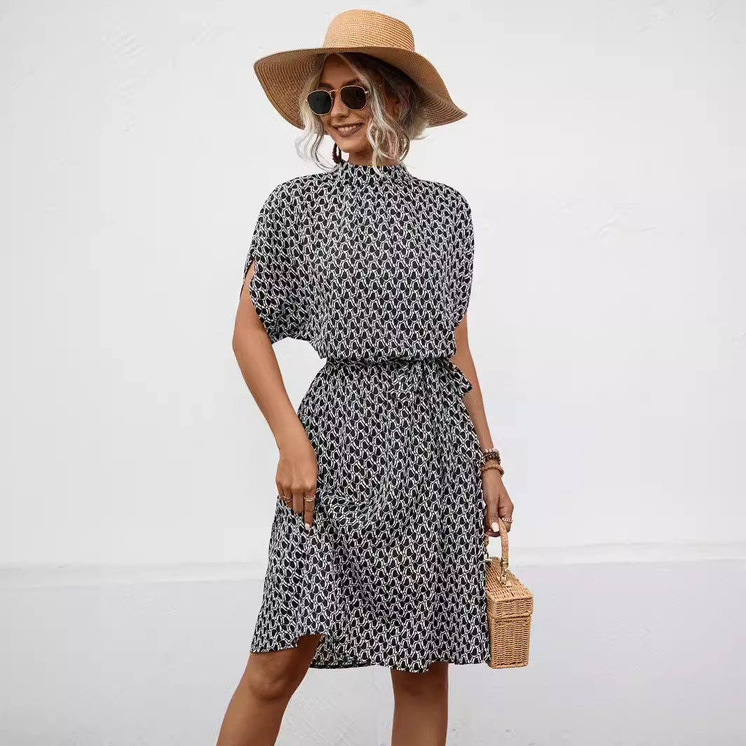 Damen Bogenmuster Kleid mit hohem Kragen und Bindegürtel EB