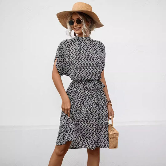 Damen Bogenmuster Kleid mit hohem Kragen und Bindegürtel EB