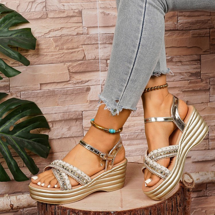 Damen Glitzernde Wedge-Sandaletten mit modischem Riemen-Design und komfortablem Fußbett EB