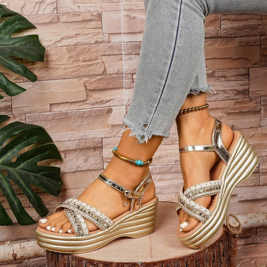 Damen Glitzernde Wedge-Sandaletten mit modischem Riemen-Design und komfortablem Fußbett EB