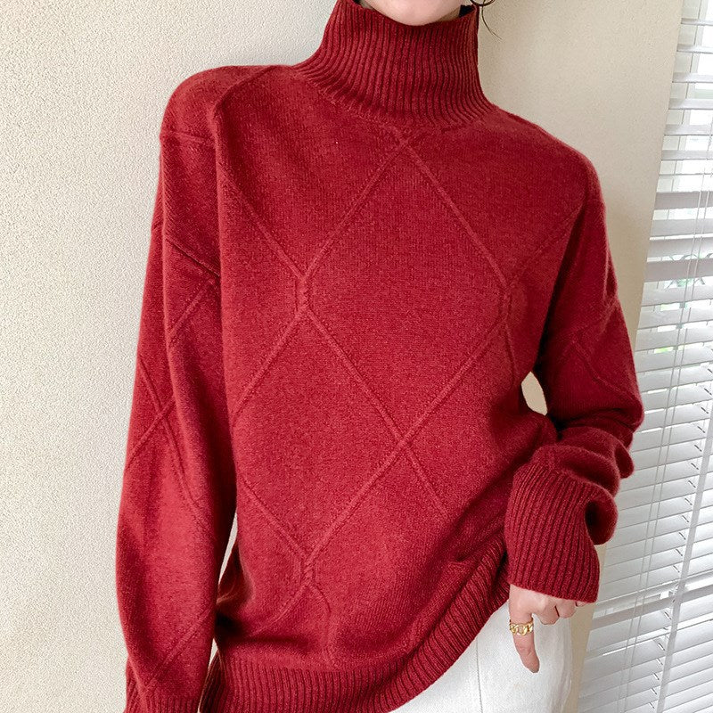 Damen Strickpullover mit hohem Kragen und Rautenmuster EB
