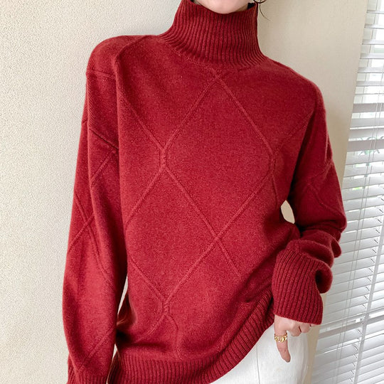 Damen Strickpullover mit hohem Kragen und Rautenmuster EB
