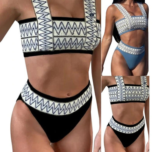 Damen Sportlicher Bikini mit breiten Trägern und geometrischem Muster EB