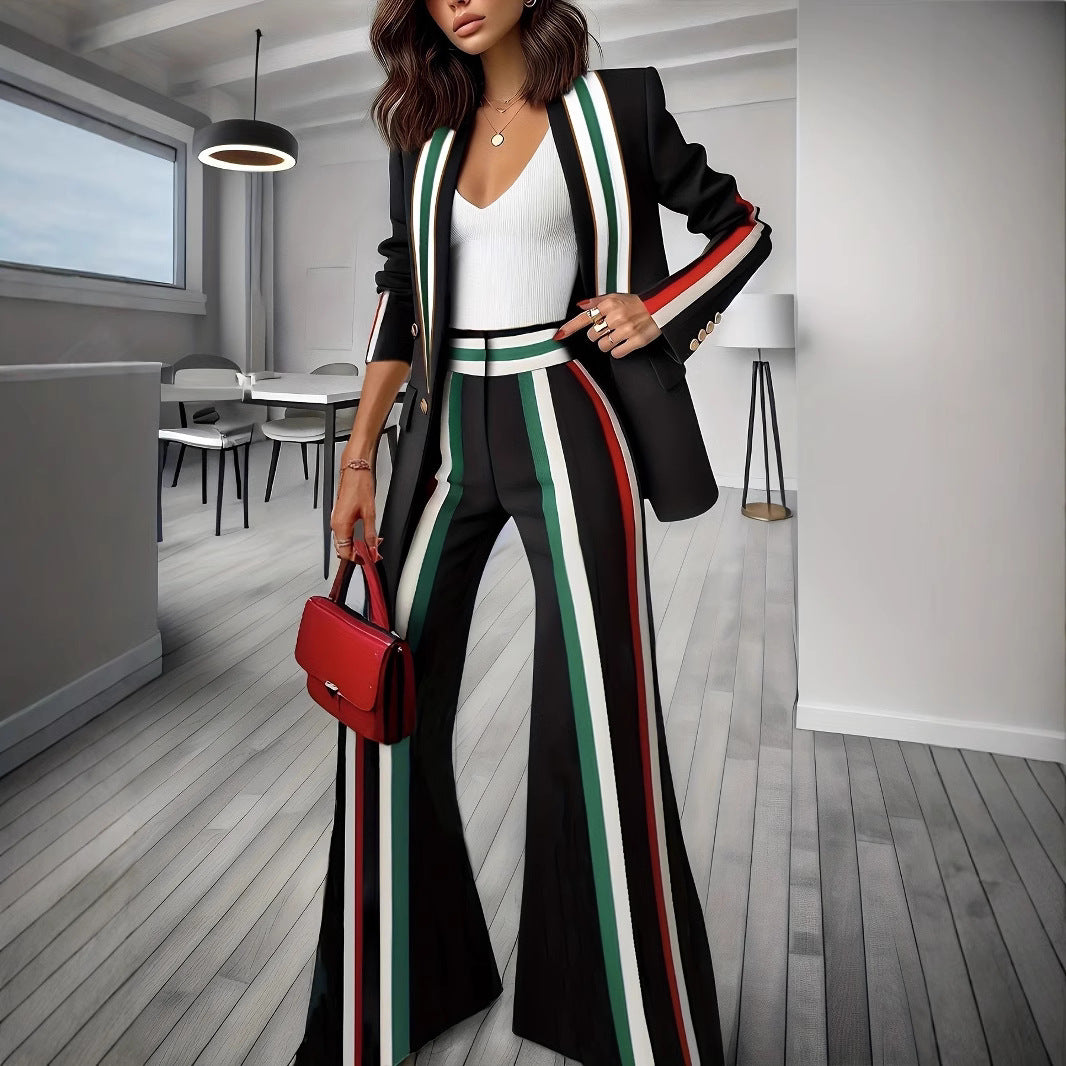 Damen Elegantes Blazer‑Hosenensemble mit seitlichen Kontraststreifen und weitem Schlag EB
