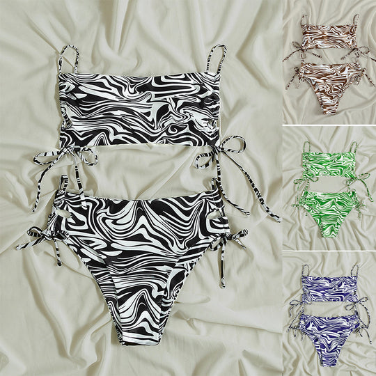 Damen Bikiniset mit verstellbaren Schnürdetails und maritimen Wellenmuster EB
