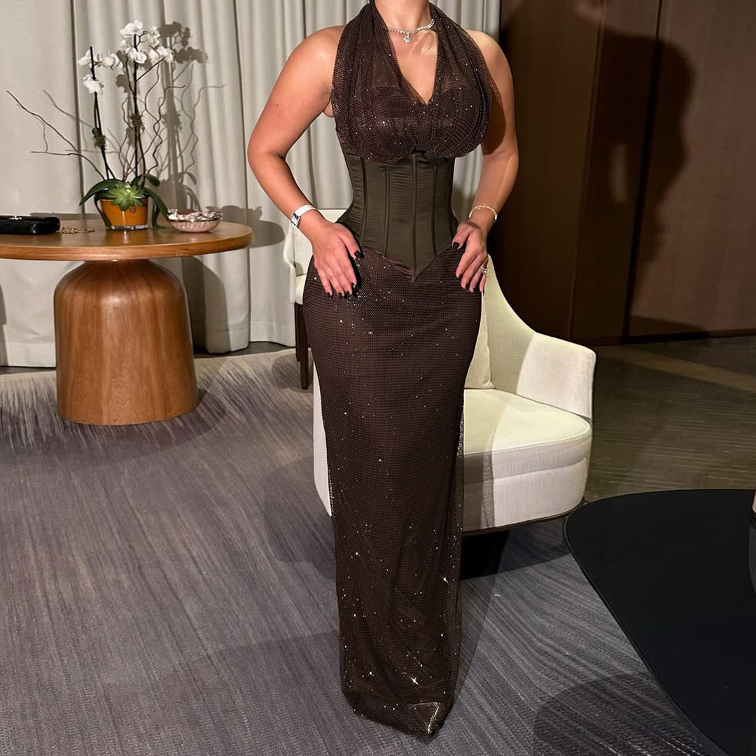 Damen Elegantes Maxikleid mit schimmernden Akzenten und figurformendem Oberteil EB