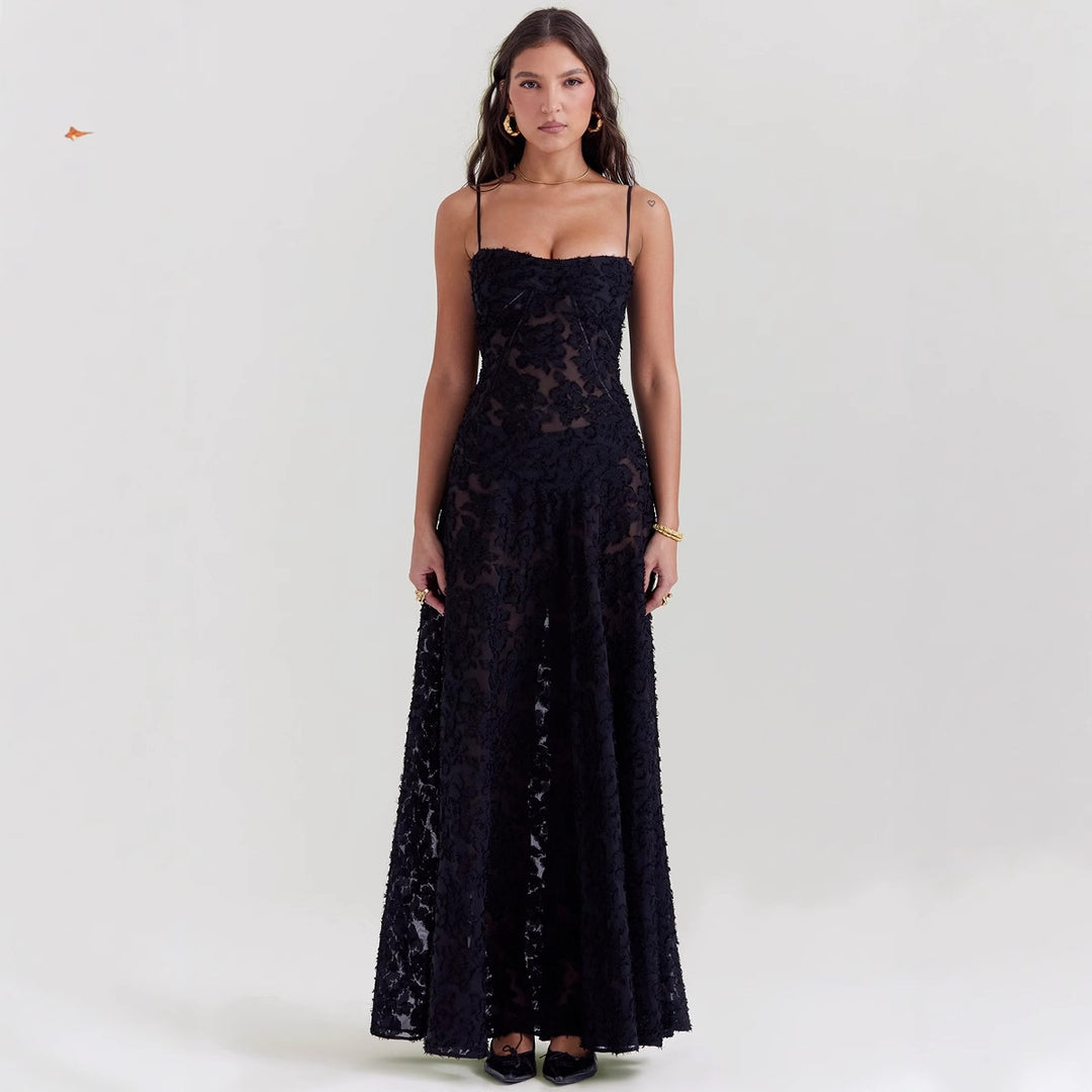 Damen Maxikleid mit dekorativem Spitzen-Oberteil und fließendem Rock EB