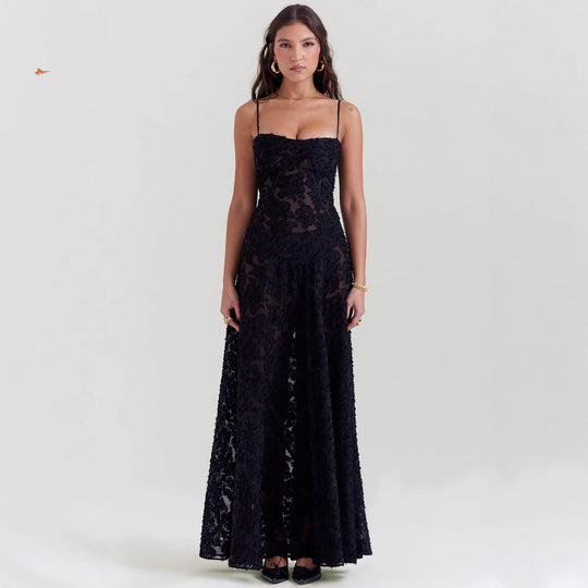 Damen Maxikleid mit dekorativem Spitzen-Oberteil und fließendem Rock EB
