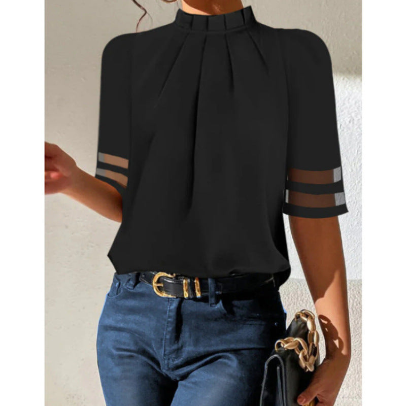 Damen elegante Bluse mit transparenten Ärmeln EB