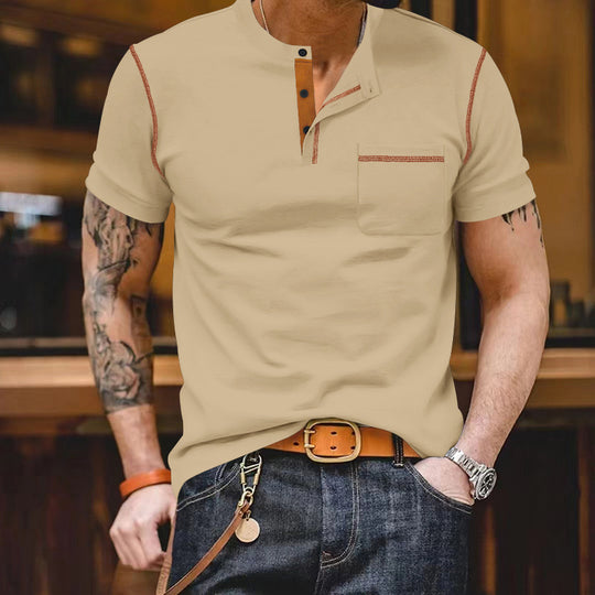 Herren nan urbanes Kurzarmshirt mit Stehkragen, halber Knopfleiste und Brusttasche EB