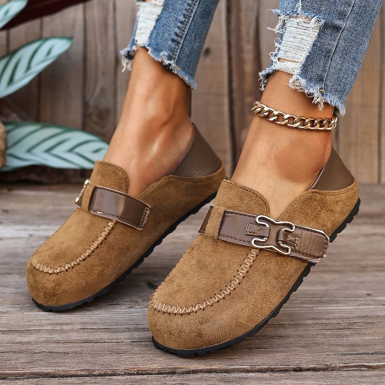Damen Mokassin-Slipper aus Veloursleder mit dekorativer Metall-Schnalle EB