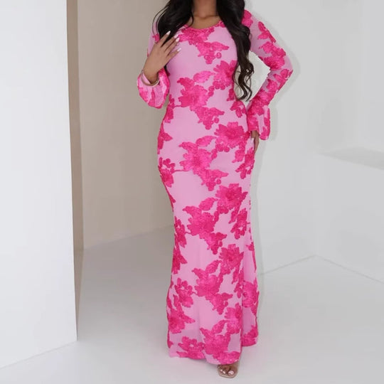 Damen Elegantes Maxikleid mit transparenter Spitze und floralen Applikationen EB