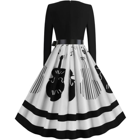 Damen Swing-Kleid im Retro-Stil mit instrumentalem Print, tailliertem Oberteil und voluminösem Tellerrock EB
