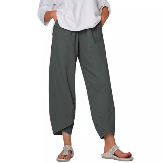Damen nan lockere Leinenhose mit hohem Bund, Tulpen-Saum und seitlichen Eingrifftaschen EB