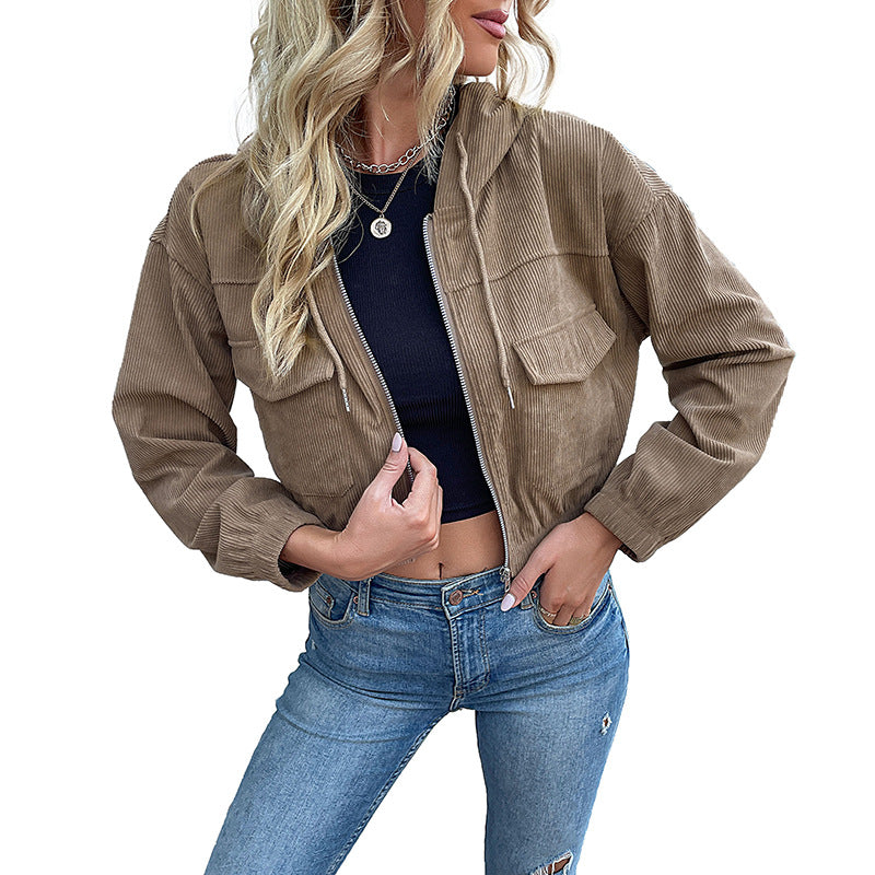 Damen Kurz geschnittene Cordjacke mit Kapuze, Reißverschluss und Pattentaschen EB