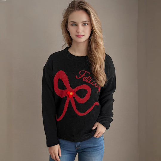 Damen kuscheliger Pullover mit verspielt gestalteter Schleifenapplikation EB