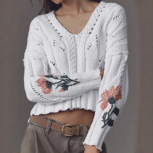 Damen Strickpullover mit floralem Design und V-Ausschnitt EB