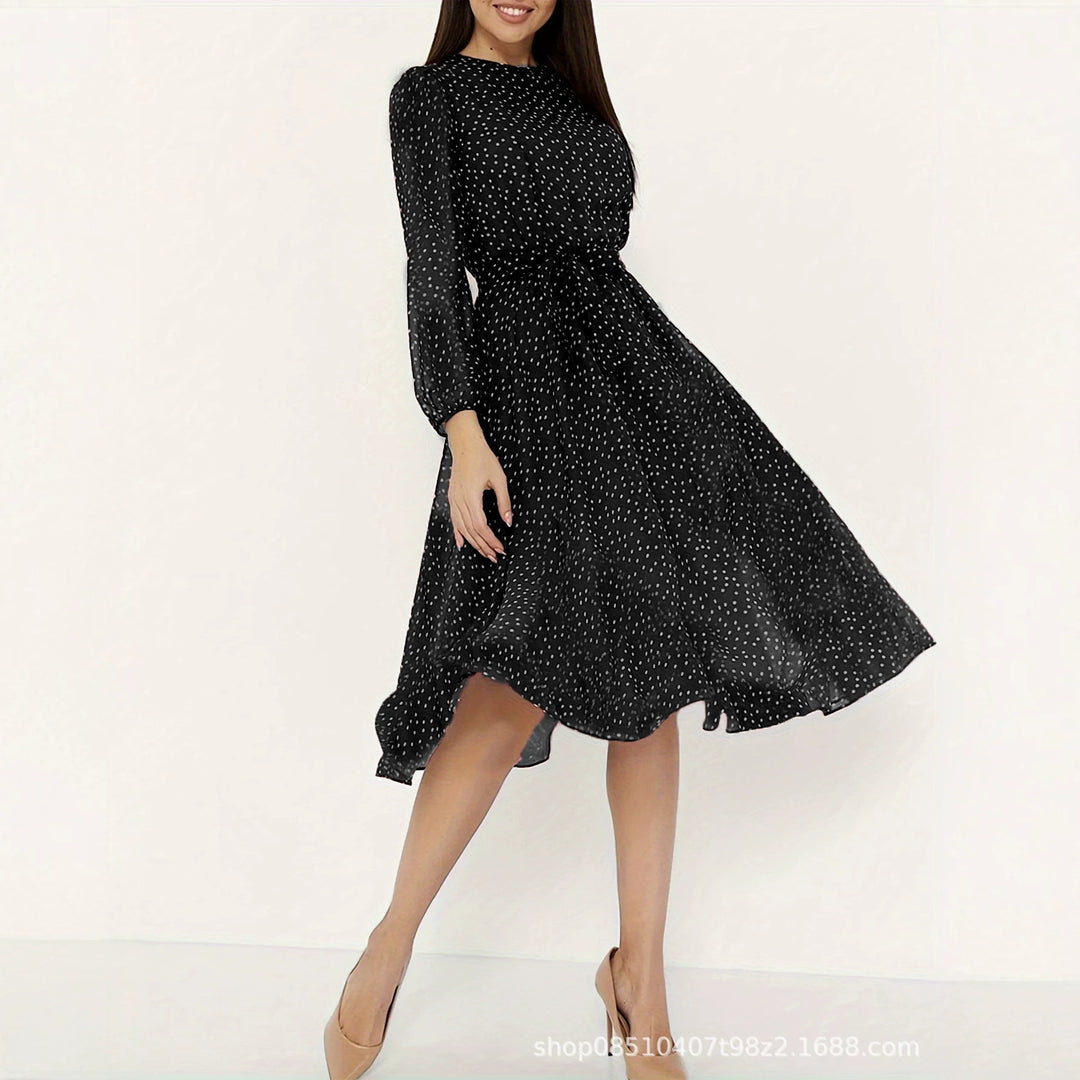 Damen Midikleid mit Punkten, taillierter Bindegürtel und Volantrock EB