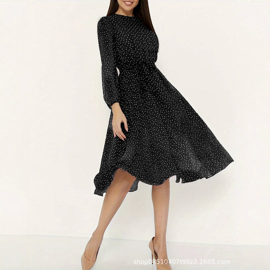 Damen Midikleid mit Punkten, taillierter Bindegürtel und Volantrock EB