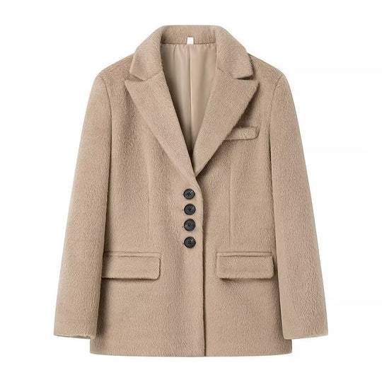 Damen elegante Blazerjacke mit weichem Fell und dekorativen Knopfdetails EB