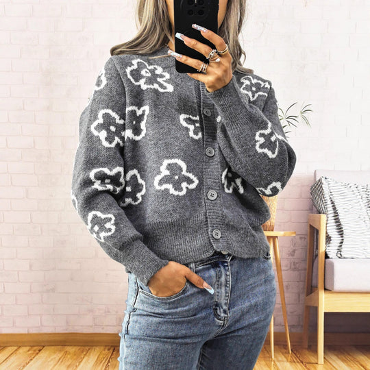 Damen gemütliche Strickjacke mit floralem Muster und Knopfverschluss EB