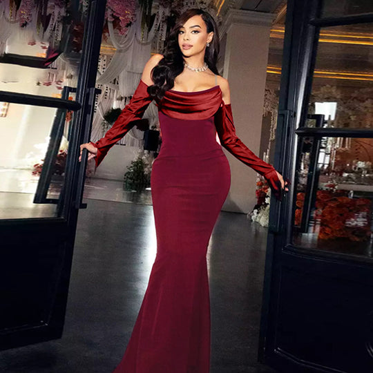 Damen Langarm Abendkleid mit elegantem Wasserfall-Ausschnitt und figurbetontem Schnitt EB