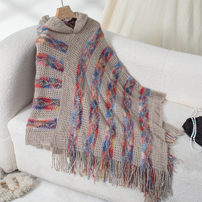 Damen Strickponcho mit Kapuze und fransigem Design EB