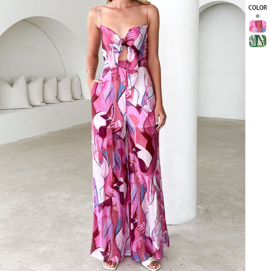 Damen Eleganter Jumpsuit mit floralem Design und verstellbaren Spaghettiträgern EB