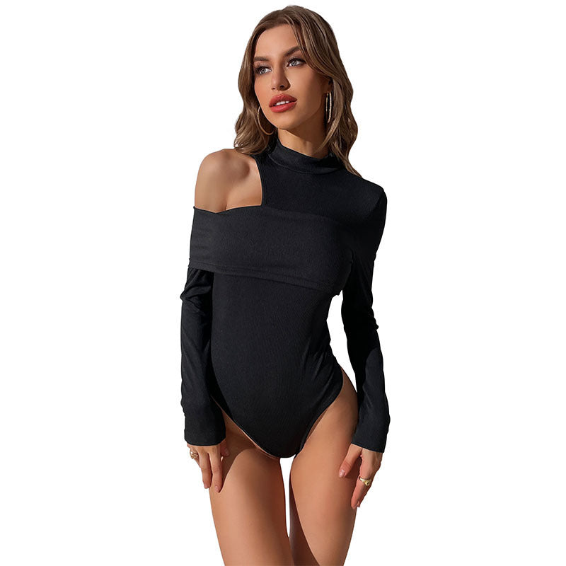 Damen langärmliger Body mit asymmetrischem Ausschnitt EB