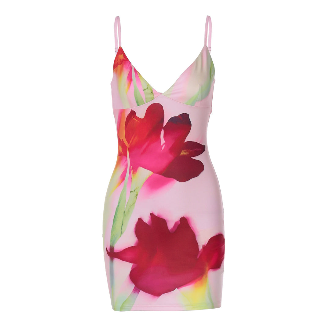 Damen Figurbetontes Minikleid mit Blumenprint und tiefem V-Ausschnitt EB