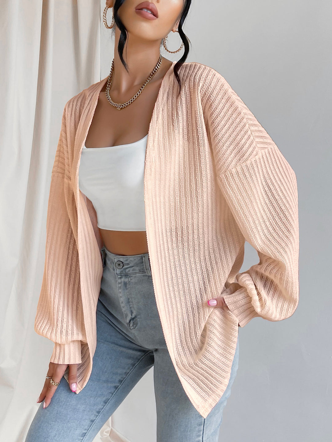 Damen Lässige Strickjacke mit weit geschnittenen Ärmeln und Rippenstruktur EB