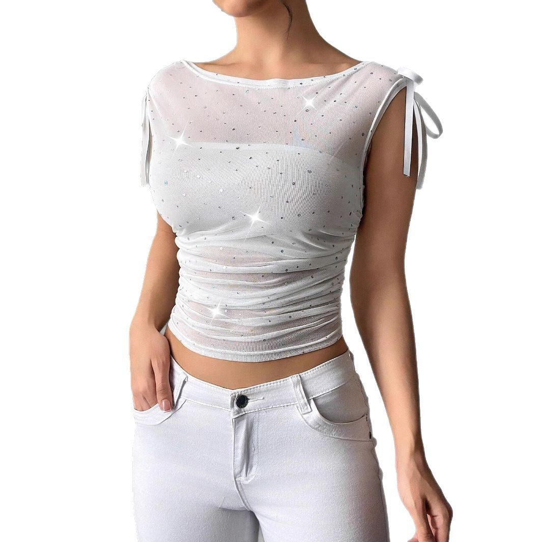 Damen nan transparentes Netz-Oberteil mit funkelnden Glitzersteinen, Schulterknoten und Taillenraffung EB