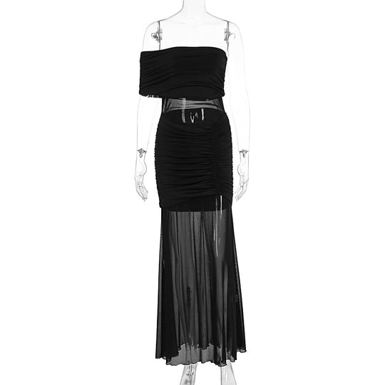 Damen Off-Shoulder Maxikleid mit transparenten Elemente und Raffung EB