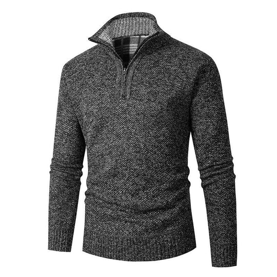 Herren nan grobgestrickter Halfzip-Pullover mit Stehkragen und karierter Krageninnenseite EB