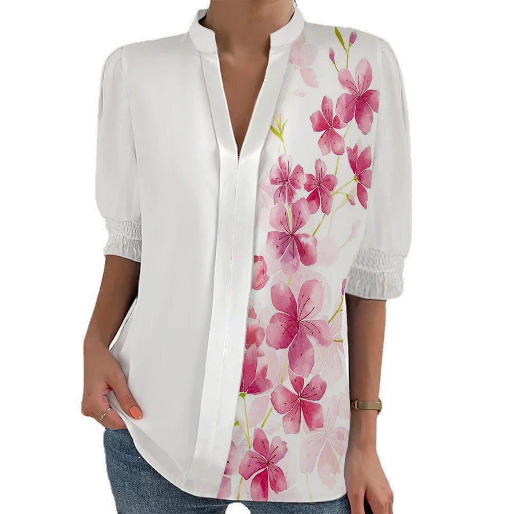 Damen Blumenprint Tunika-Bluse mit Stehkragen, geschlitzter V‑Blende und gerafften 3/4-Ärmeln EB