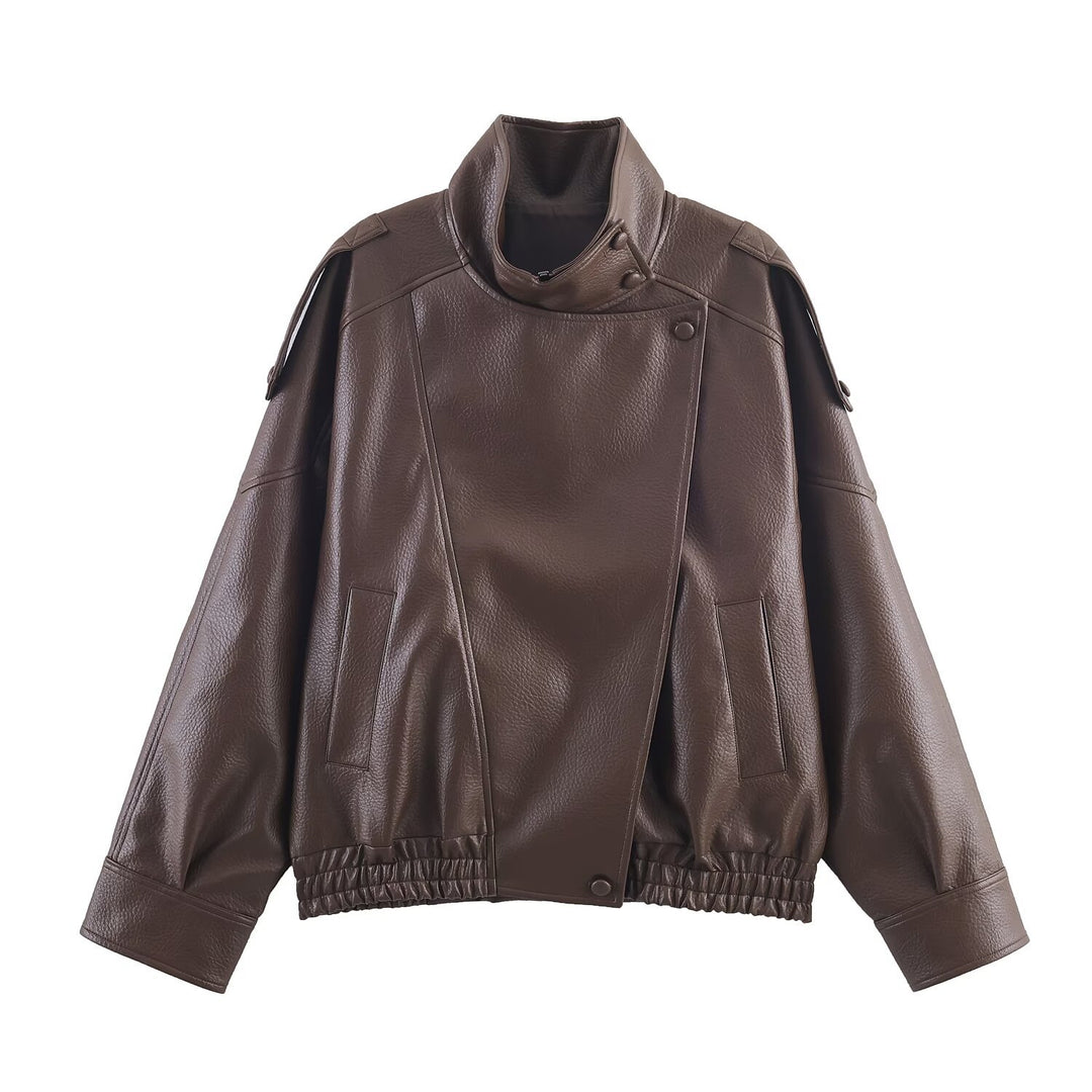 Damen Kunstlederjacke im modernen Design mit hochgeschlossenem Kragen und praktischen Taschen EB