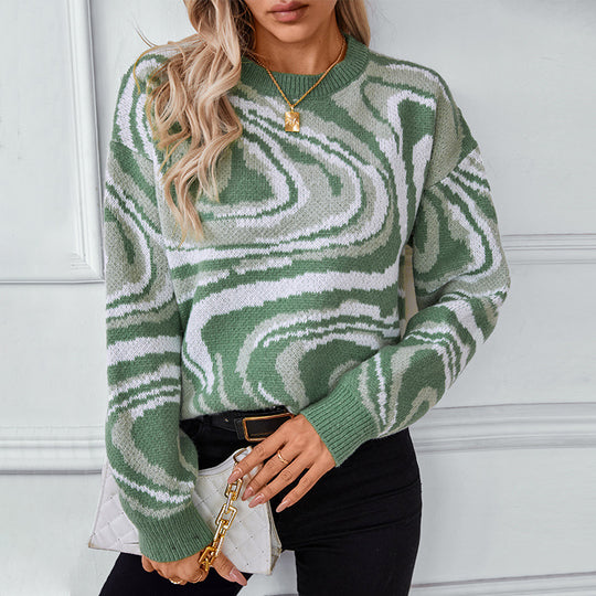 Damen gemusterter Strickpullover mit modernem Wellenmuster und Rundhalsausschnitt EB