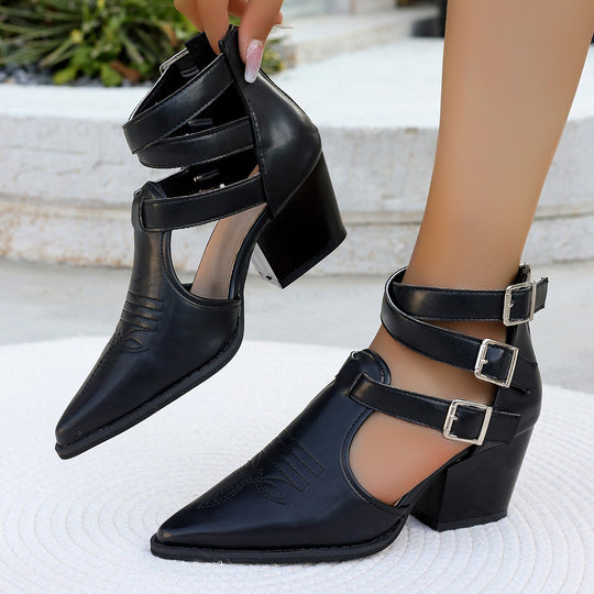 Damen High Heel Stiefeletten mit einzigartigen Riemen und verziertem Absatz EB