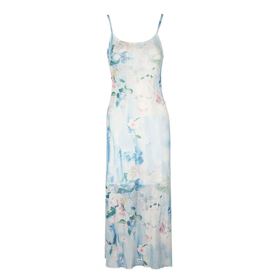 Damen fließendes Maxikleid mit Spaghettiträgern und floralem Druck EB